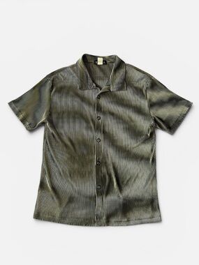 Y.M.L.A. Mens XL gold abstract ribbed polyester button up shirt EUC